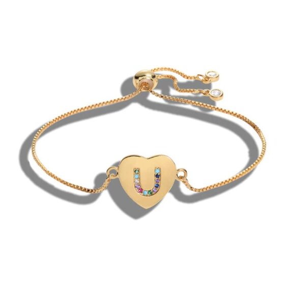 Letter "U" Initial Heart Yellow Gold Bracelet - Picture 1 of 1